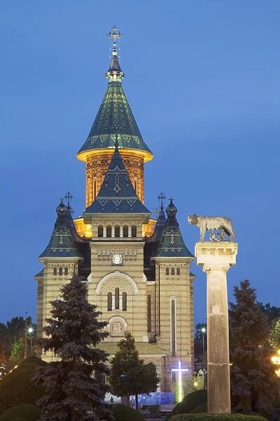 Metropolitan Cathedral in Piata Victoriei at dusk, Timisoara, Banat, Romania