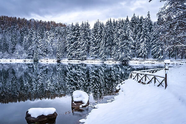 Meugliano lake with fresh snow, Valchiusella, Piedmont, Italy, Europe
