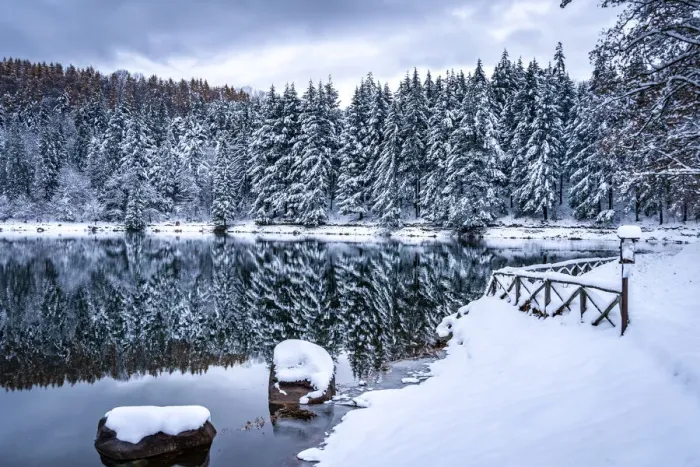 Framed Print : Meugliano lake with fresh snow, Valchiusella, Piedmont, Italy, Europe Framed Print : Meugliano lake with fresh snow, Valchiusella, Piedmont, Italy, Europe