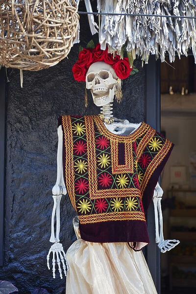 A Mexican folkloric skeleton (Calaca) in a street of Holbox, Quintana Roo, Yucatan, Mexico. It is commonly used for decoration during the Mexican Day of the Dead festival