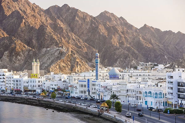 Middle East, Oman, Muscat, Mutrah, elevated view along the Corniche, latticed houses
