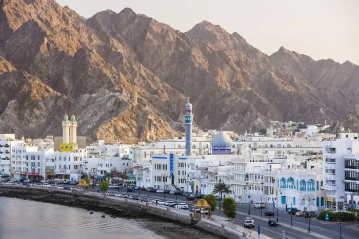 Framed Print : Middle East, Oman, Muscat, Mutrah, elevated view along the Corniche, latticed houses