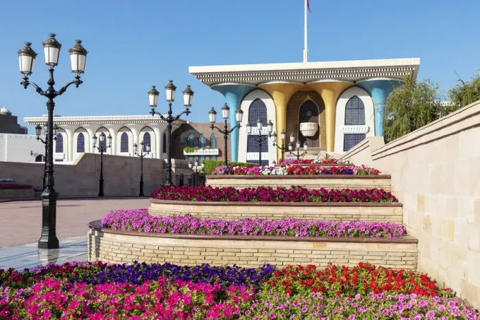 Framed Print : Middle East, Oman, Muscat. Rows of colourful flowers planted in front of Al Alam Framed Print : Middle East, Oman, Muscat. Rows of colourful flowers planted in front of Al Alam