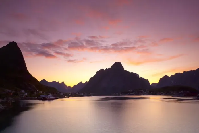Framed Print : Midnight sunset over the picturesque fishing village of Reine, Reine, Moskenesoy, Lofoten Framed Print : Midnight sunset over the picturesque fishing village of Reine, Reine, Moskenesoy, Lofoten