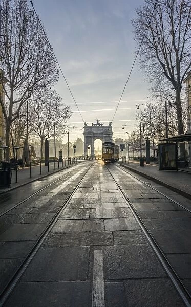 Milan, Lombardy, Italy. Classic tram of Milan