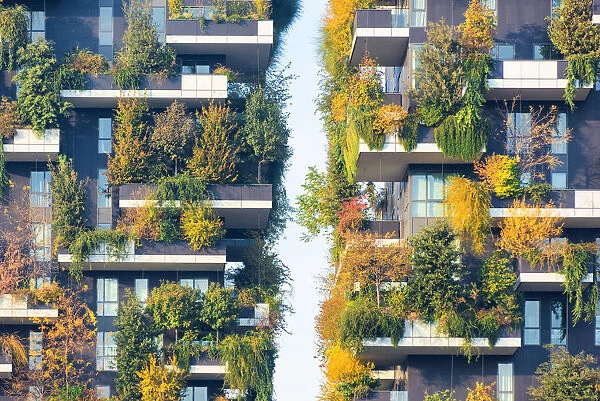 Milan, Lombardy, Italy. Details of the Bosco Verticale building
