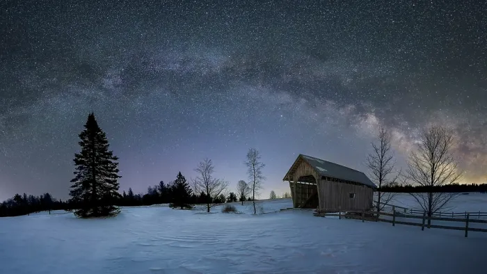 Framed Print : Milky Way arch over the A.M. Foster Bridge in winter, Green Mountains, Cabot, Vermont, USA Framed Print : Milky Way arch over the A.M. Foster Bridge in winter, Green Mountains, Cabot, Vermont, USA