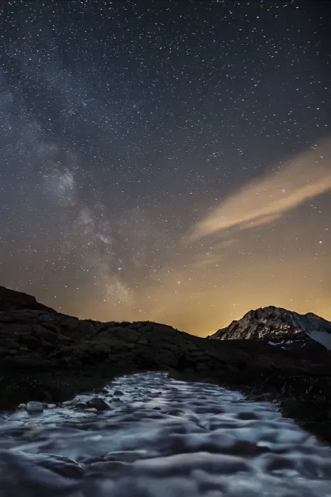 Framed Print : The Milky Way shining over Mount Disgrazia while a stream is quietly flowing towards Framed Print : The Milky Way shining over Mount Disgrazia while a stream is quietly flowing towards