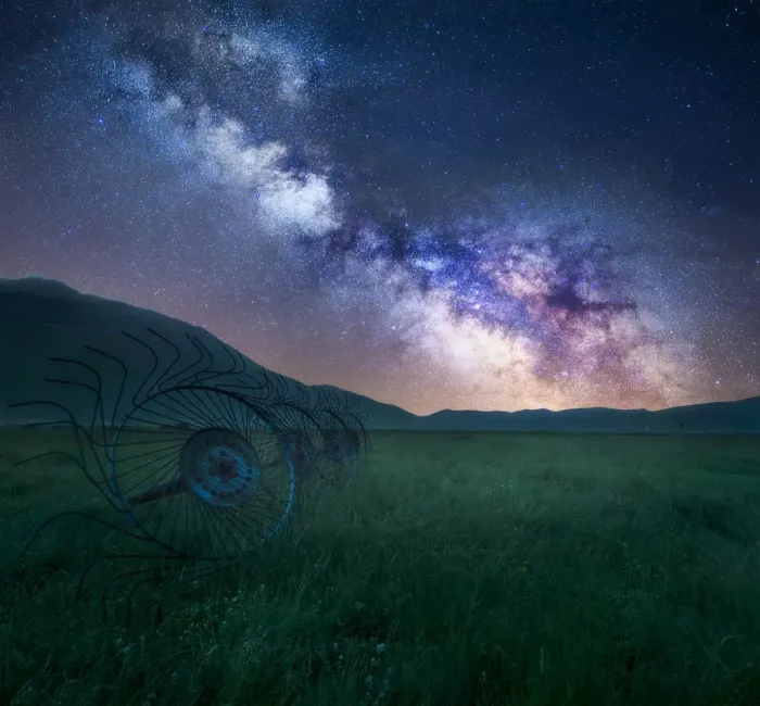 Framed Print : Milky way in summer over some old harvesting tool in Castelluccio di Norcia, Umbria