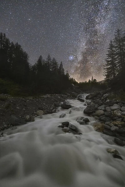 Milkyway and stars at Dora di Veny river during summer, Val Veny, La Visaille, Courmayeur, Valle D‚AoAosta, Italy