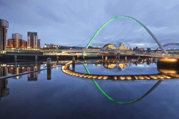 Framed Print : Millennium Bridge illuminated at dusk, River Tyne, Newcastle, Tyne and Wear, England Framed Print : Millennium Bridge illuminated at dusk, River Tyne, Newcastle, Tyne and Wear, England