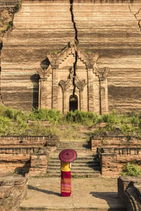 Framed Print : Mingun, Sagaing region, Myanmar (Burma). Woman with red umbrella looks at the Pahtodawgyi Framed Print : Mingun, Sagaing region, Myanmar (Burma). Woman with red umbrella looks at the Pahtodawgyi