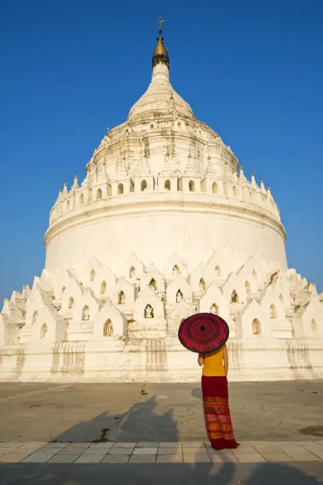 Framed Print : Mingun, Sagaing region, Myanmar (Burma). Woman with red umbrella looks at the Hsinbyume Framed Print : Mingun, Sagaing region, Myanmar (Burma). Woman with red umbrella looks at the Hsinbyume