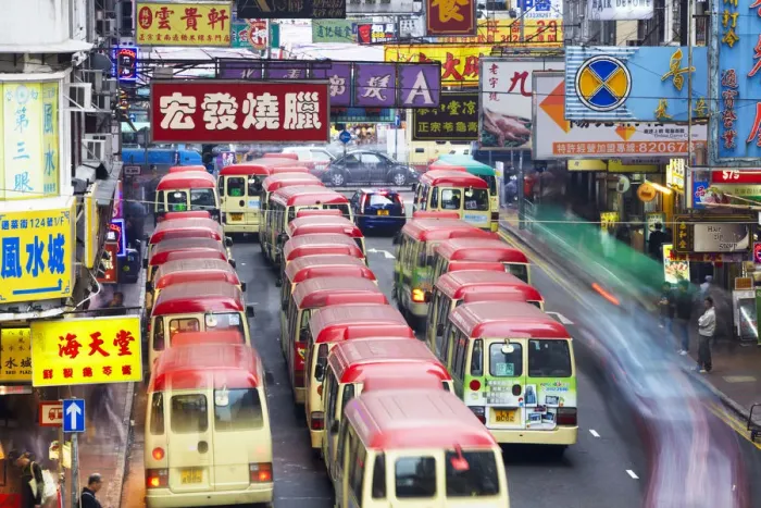 Framed Print : Mini-buses parked on Fa Yuen Street, Mong Kok, Kowloon, Hong Kong, China