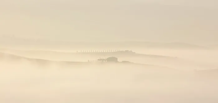 Framed Print : Minimalist misty landscape with farmhouse and cypress trees in distance, at dawn, Val d'Orcia, near San Quirico d'Orcia, Tuscany, Italy Framed Print : Minimalist misty landscape with farmhouse and cypress trees in distance, at dawn, Val d'Orcia, near San Quirico d'Orcia, Tuscany, Italy