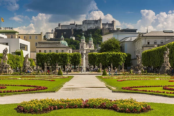 Mirabell gardens with Cathedral and Hohensalzburg castle in the background, Salzburg