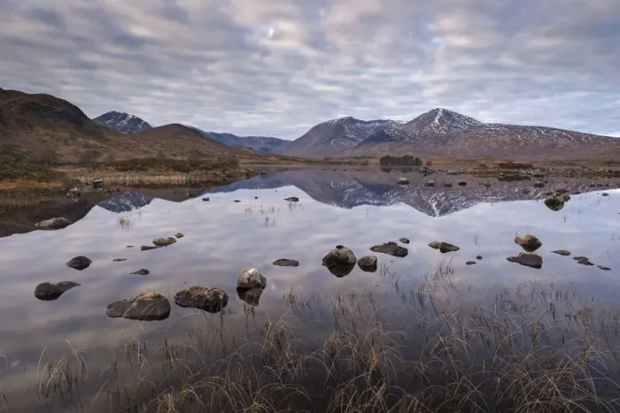 Framed Print : Mirror like reflections on Lochan na h-achlaise on Rannoch Moor, Scotland. Winter Framed Print : Mirror like reflections on Lochan na h-achlaise on Rannoch Moor, Scotland. Winter