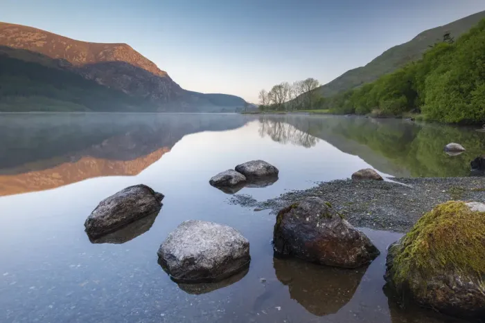 Framed Print : Mirror reflections at dawn on Llyn Cwellyn in Snowdonia National Park, Wales, UK. Spring Framed Print : Mirror reflections at dawn on Llyn Cwellyn in Snowdonia National Park, Wales, UK. Spring