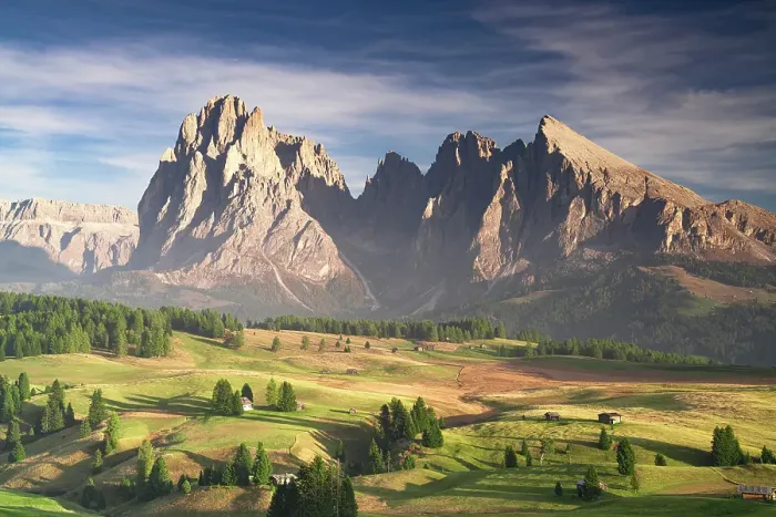 Framed Print : Mist of autumn over Sassolungo and Sassopiatto and meadows of Seiser Alm plateau, Dolomites, South Tyrol, Italy Framed Print : Mist of autumn over Sassolungo and Sassopiatto and meadows of Seiser Alm plateau, Dolomites, South Tyrol, Italy