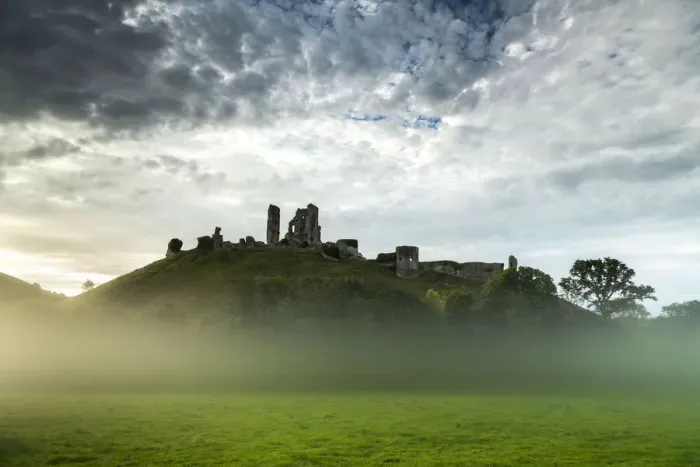 Framed Print : Mist Below Corfe Castle, Dorset, England Framed Print : Mist Below Corfe Castle, Dorset, England