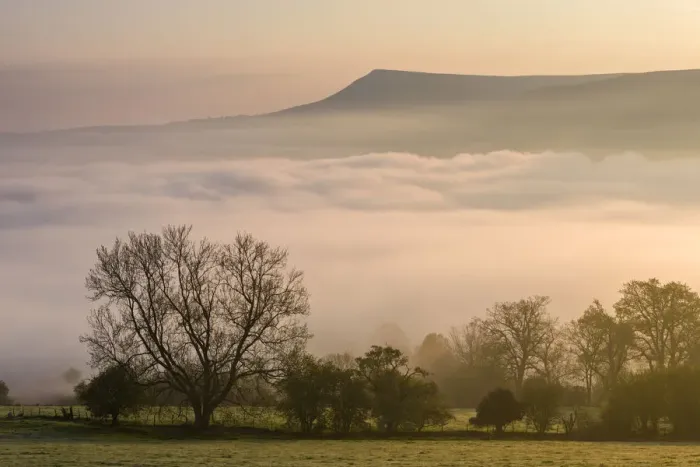 Framed Print : Mist covered Brecon Beacons landscape at dawn, Powys, Wales, UK