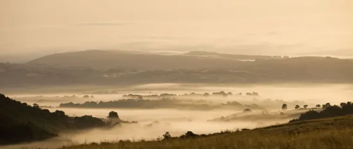 Framed Print : Mist covered countryside at dawn near Llangadog, Brecon Beacons National Park Framed Print : Mist covered countryside at dawn near Llangadog, Brecon Beacons National Park