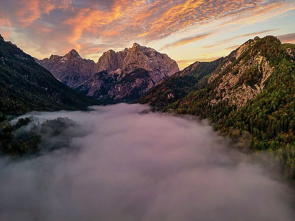 Mist Below Julian Alps at Sunrise, Kranska Gora, Slovenia, Europe