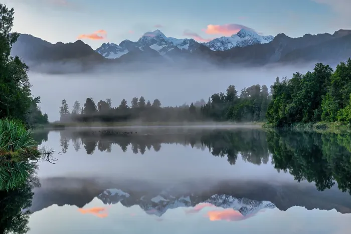 Framed Print : Mist over Lake Matheson at Dawn, near Fox Glacier, South Island, New Zealand