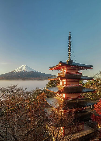 Mist Below Mt. Fuji & Chureito Pagoda, Fujiyoshida, Yamanashi Prefecture, Japan