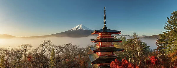 Mist Below Mt. Fuji & Chureito Pagoda, Fujiyoshida, Yamanashi Prefecture, Japan