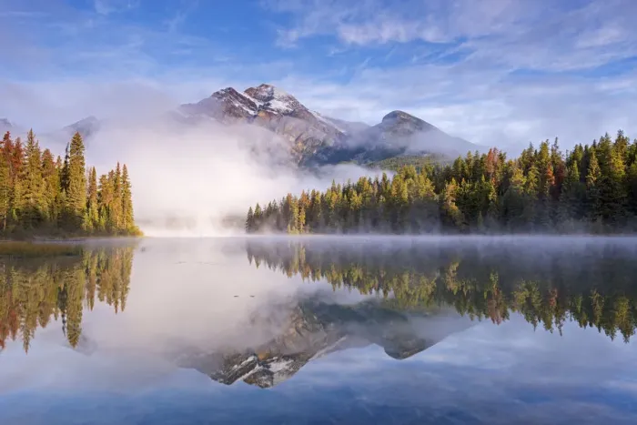 Framed Print : Mist obscures Pyramid Mountain, reflected in Pyramid Lake in the Canadian Rockies Framed Print : Mist obscures Pyramid Mountain, reflected in Pyramid Lake in the Canadian Rockies