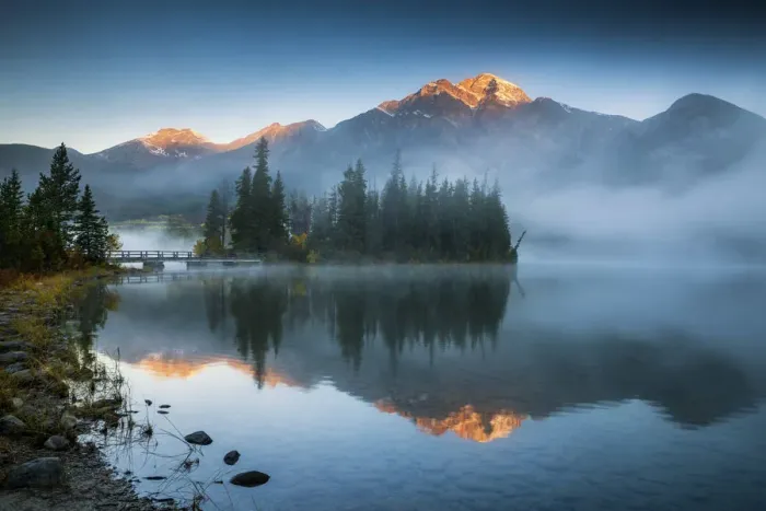Framed Print : Mist on Pyramid Lake, Jasper National Park, Alberta, Canada Framed Print : Mist on Pyramid Lake, Jasper National Park, Alberta, Canada