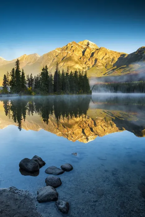 Framed Print : Mist on Pyramid Lake, Jasper National Park, Alberta, Canada Framed Print : Mist on Pyramid Lake, Jasper National Park, Alberta, Canada