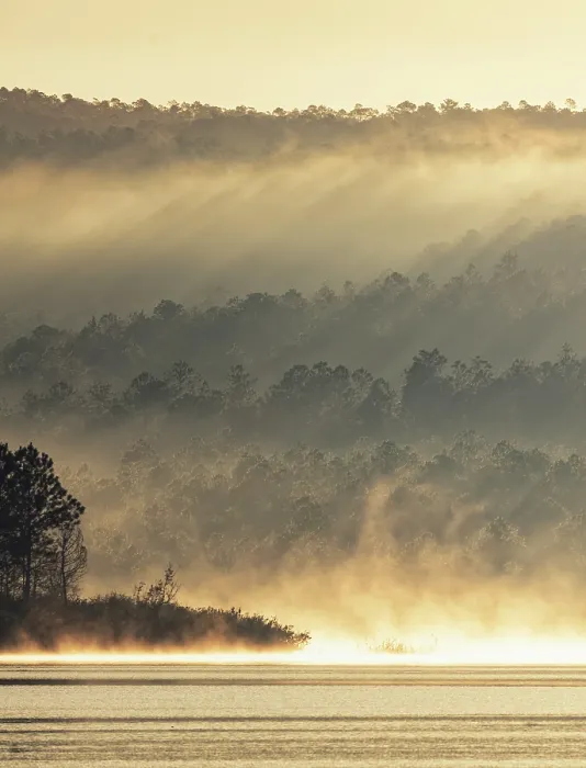 Framed Print : Mist rising off the water of Presa El Salto lake and into woodland, near Vinales, Pinar del Rio Province, Cuba
