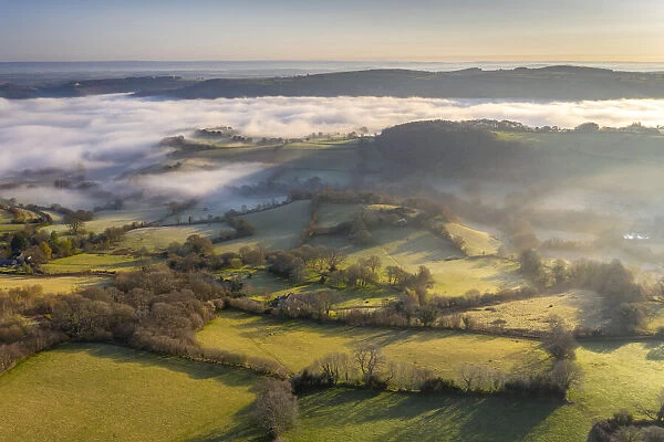 Mist shrouded countryside at dawn, Dartmoor, Devon, England. Spring (April) 2021