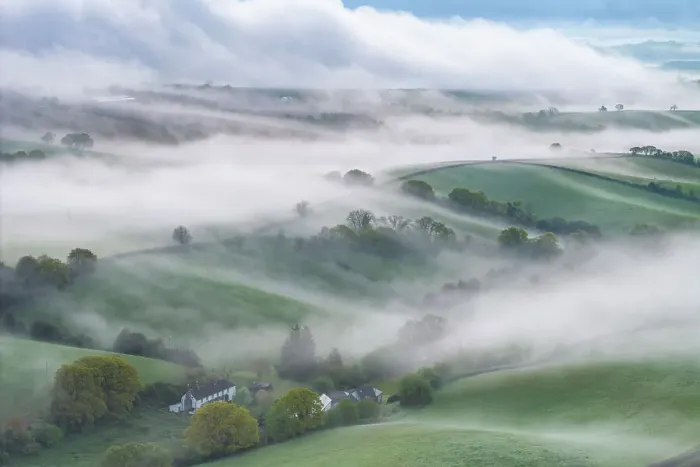 Framed Print : Mist shrouded Devonshire countryside at dawn, Crediton, Devon, England. Spring (May) 2024 Framed Print : Mist shrouded Devonshire countryside at dawn, Crediton, Devon, England. Spring (May) 2024