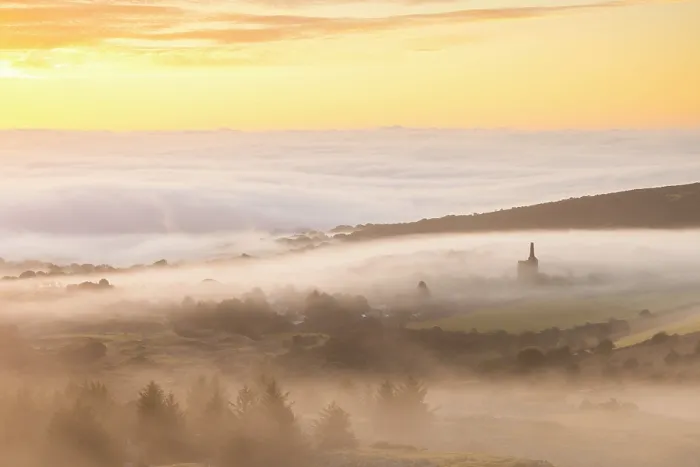 Framed Print : Mist shrouded landscape with tin mine ruins at dawn, Minions, Bodmin Moor, Cornwall, England. Autumn (September) 2025 Framed Print : Mist shrouded landscape with tin mine ruins at dawn, Minions, Bodmin Moor, Cornwall, England. Autumn (September) 2025