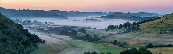 Mist in Valley at Dawn, Earl Sterndale, Peak District National Park, Derbyshire, England