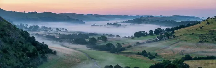 Framed Print : Mist in Valley at Dawn, Earl Sterndale, Peak District National Park, Derbyshire, England Framed Print : Mist in Valley at Dawn, Earl Sterndale, Peak District National Park, Derbyshire, England