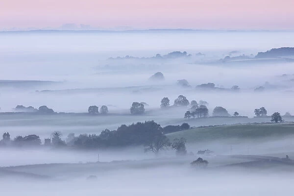 Misty dawn from Pilsdon Pen, Dorset, England, UK