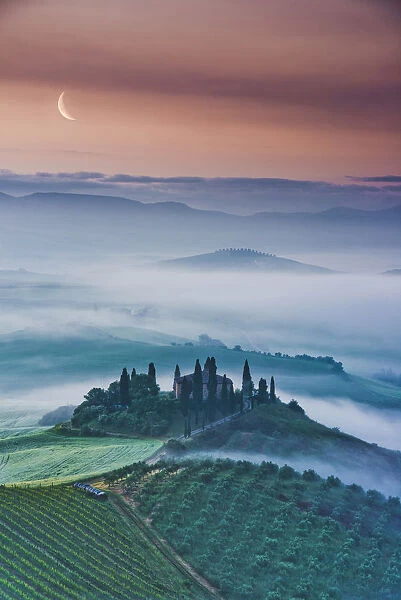 Misty Landscape Behind Belvedere, Val d Orcia, Tuscany, Italy