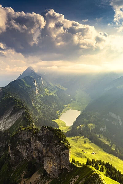 Misty landscape from Hoher Kasten, Canton of Appenzell, Alpstein, Switzerland, Europe