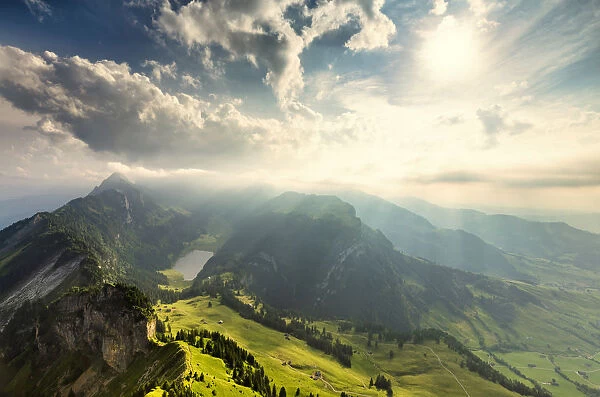 Misty landscape from Hoher Kasten, Canton of Appenzell, Alpstein, Switzerland, Europe