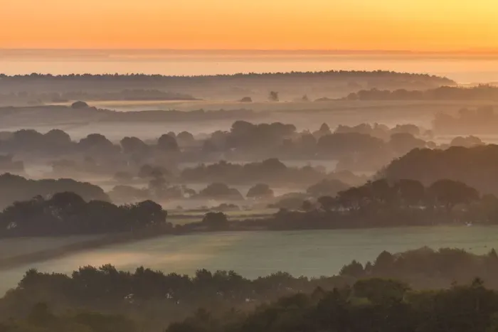 Framed Print : Misty Landscape, near Corfe Castle, Dorset, England Framed Print : Misty Landscape, near Corfe Castle, Dorset, England