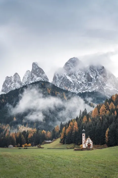 Framed Print : Misty moody autumn view of Santa Magdalena Church and Odle Mount in Trentino Alto Adige Framed Print : Misty moody autumn view of Santa Magdalena Church and Odle Mount in Trentino Alto Adige
