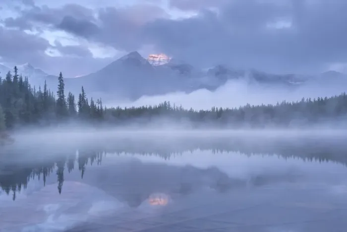 Framed Print : Misty morning in the Canadian Rockies, Herbert Lake, Banff National Park, Alberta, Canada