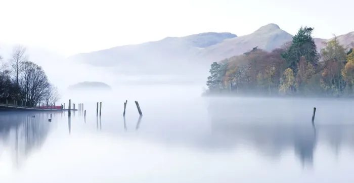 Framed Print : Misty morning on Derwent Water, Keswick, Lake District National Park, Cumbria, England Framed Print : Misty morning on Derwent Water, Keswick, Lake District National Park, Cumbria, England