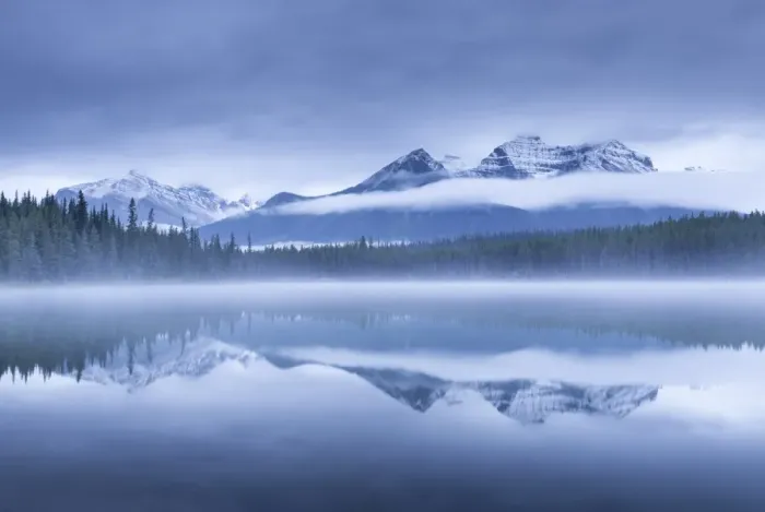 Framed Print : Misty morning at Herbert Lake in the Canadian Rockies, Banff National Park, Alberta, Canada