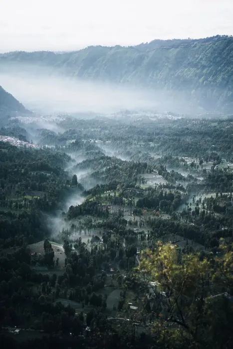 Framed Print : Misty morning by the Mount Bromo, landscape and town by the Volcano Framed Print : Misty morning by the Mount Bromo, landscape and town by the Volcano