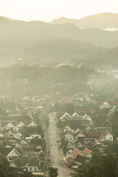 Misty morning view over Luang Prabang (ancient capital of Laos on the Mekong river), Laos